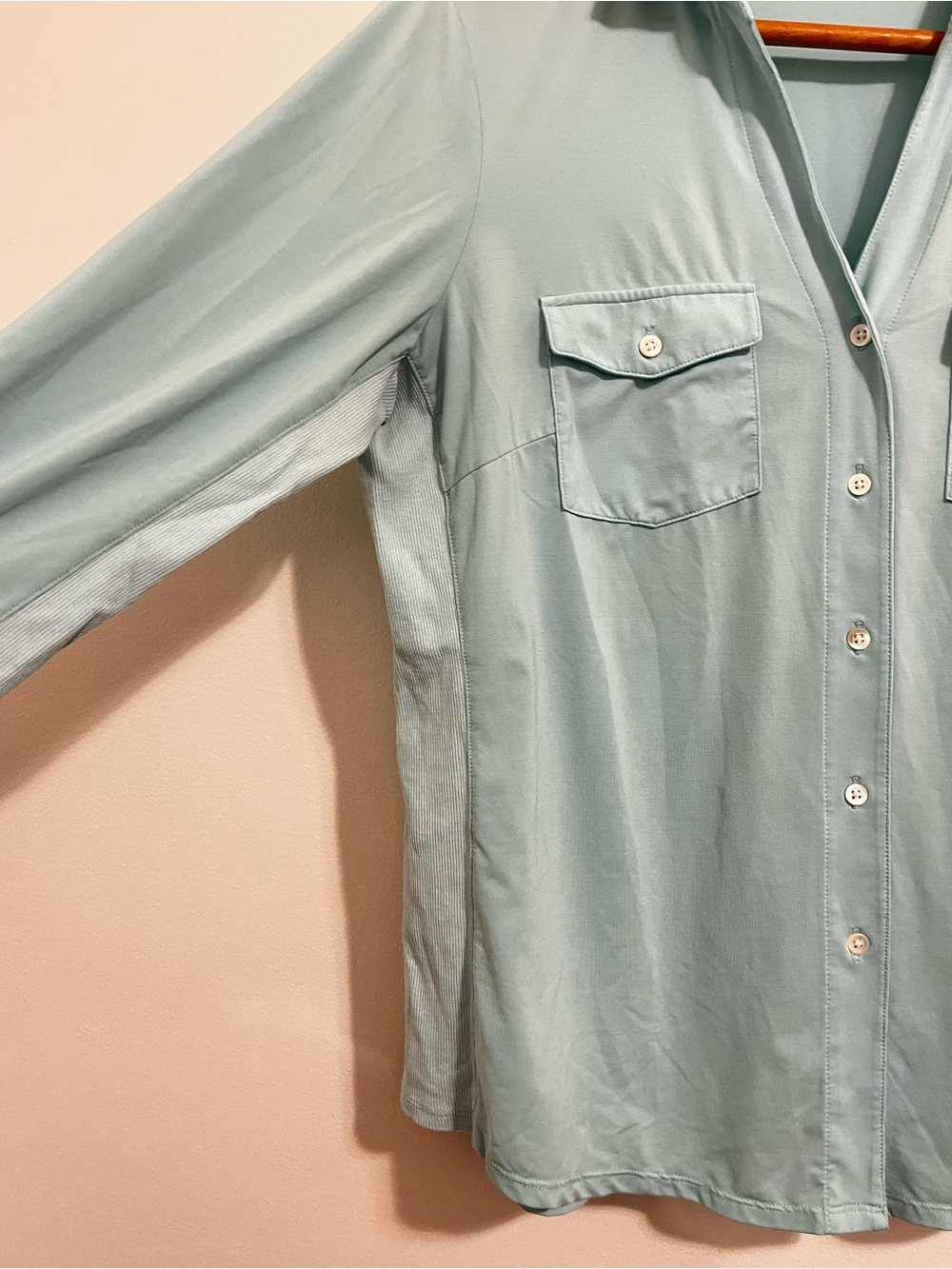 J. McLaughlin Catalina Cloth Blouse Large Aqua Blue Button Stretch 3/4 Sleeve - Picture 4 of 8